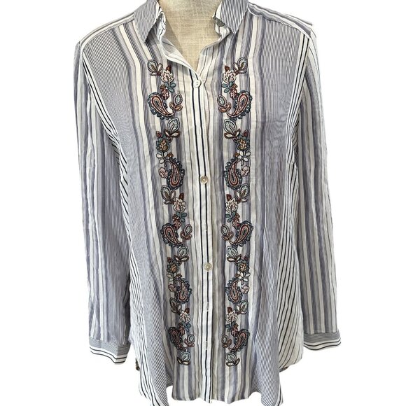 Chicos Striped Button-Up Tunic Shirt With Paisley Embroidery Front & Back size 8 - Picture 1 of 9